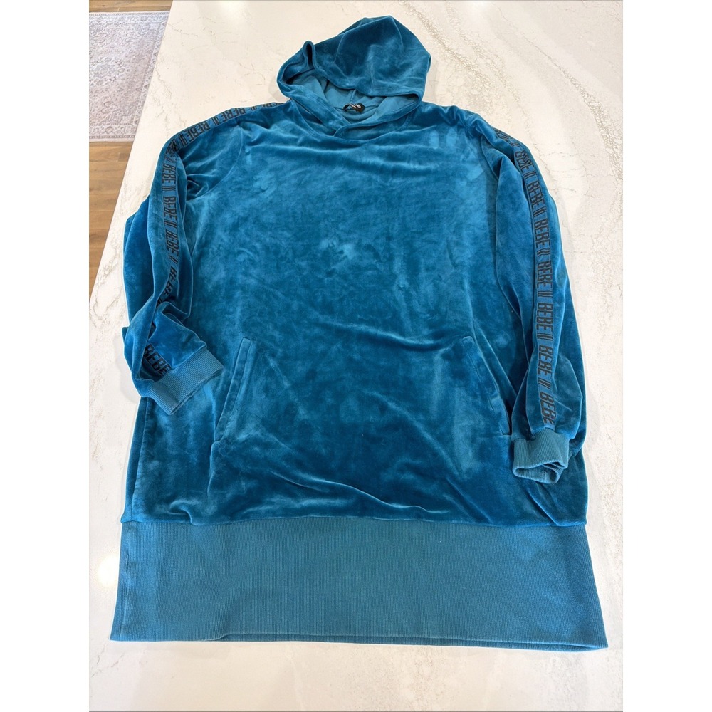 bebe Women's Lagoon Velour Hooded Hoodie Long Top Or Dress Logo Tape Y2K 2XL